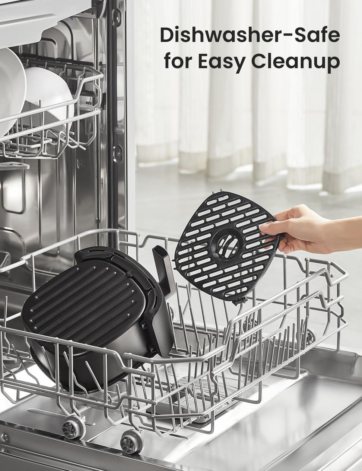 COMFEE' dishwasher-safe basket image communicates simple cleanup after crispy dishes.