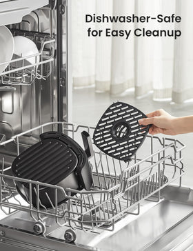 COMFEE' dishwasher-safe basket image communicates simple cleanup after crispy dishes.
