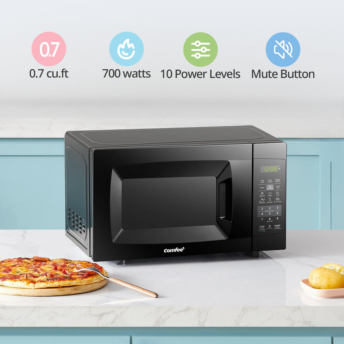 COMFEE' EM720CPL-PMB control panel and LED display ready for quick meals.