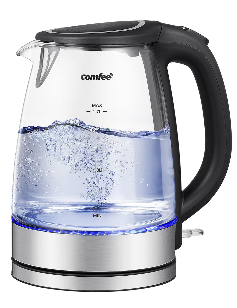 COMFEE' glass electric kettle with blue boil indicator for fast heating