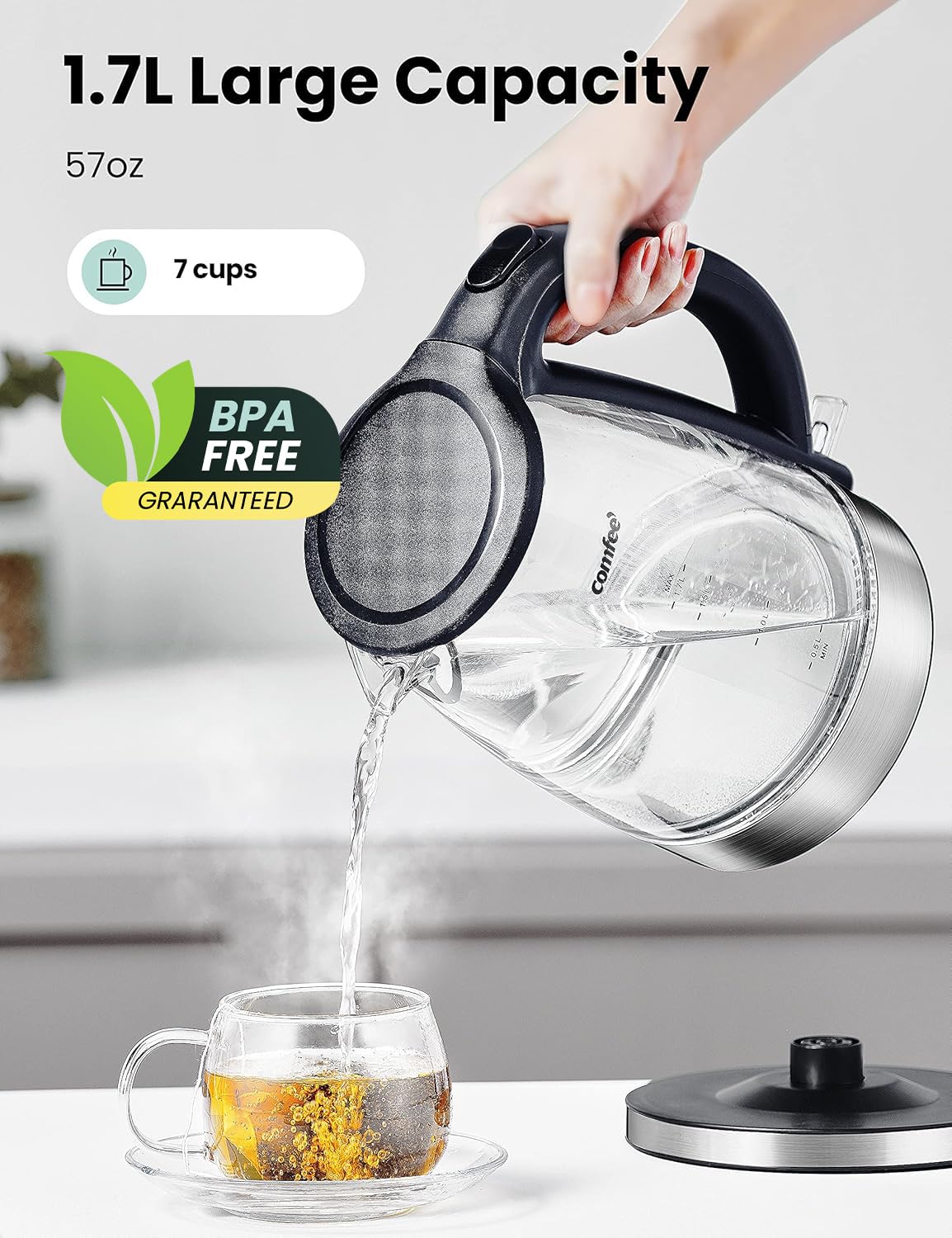 Inside view of COMFEE' 1.7L kettle showing borosilicate glass