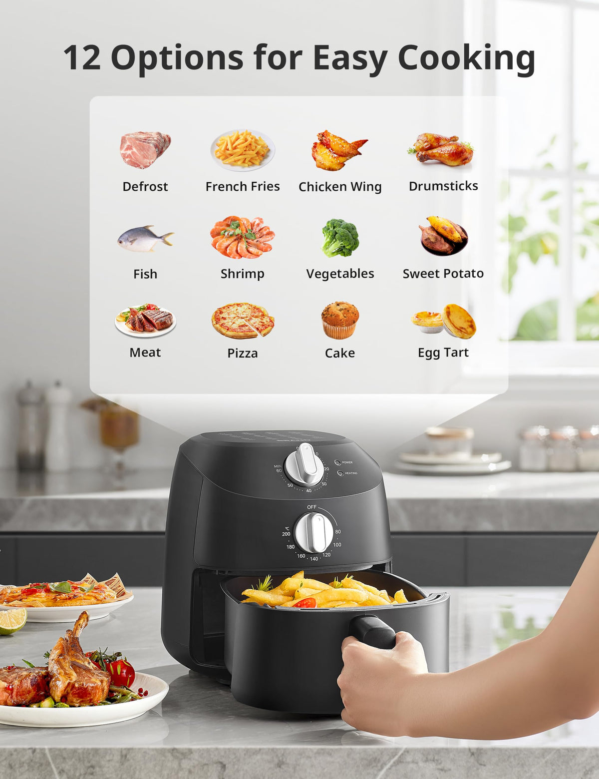 COMFEE' in-use shot illustrates quick, healthier fried favorites with minimal oil.