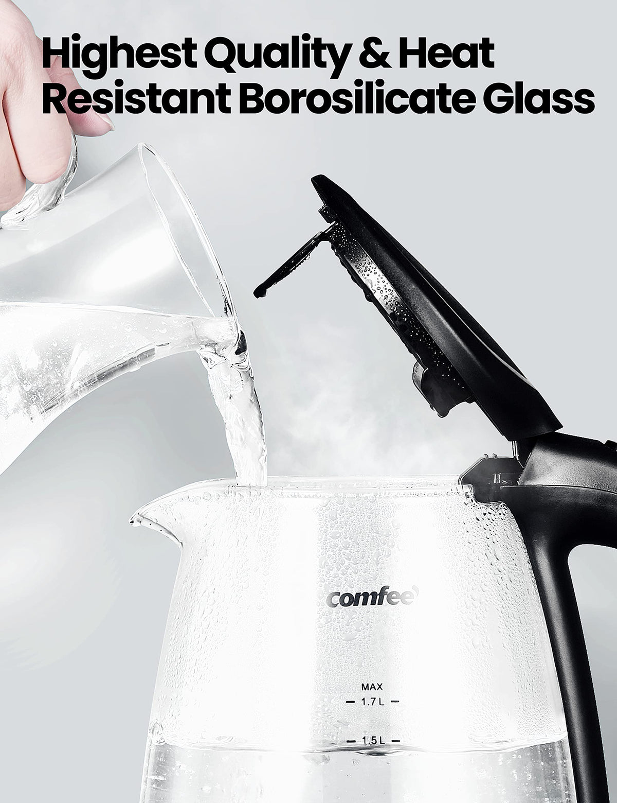 COMFEE' cool touch handle for safe, comfortable pouring