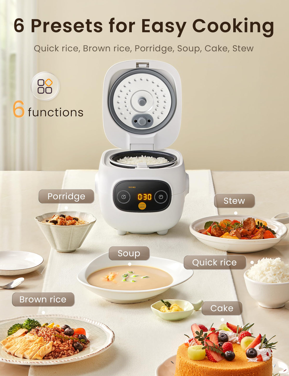 COMFEE' mini rice cooker performing 30-minute fast cook for quick meals