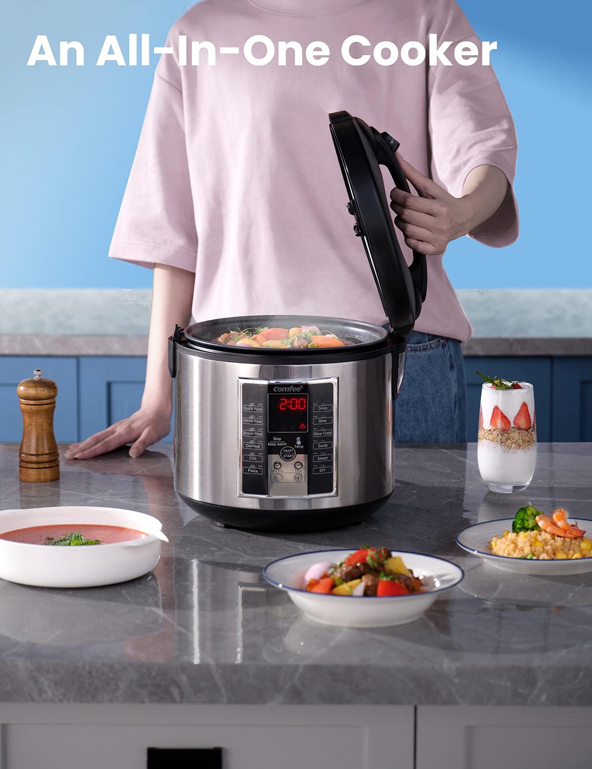 COMFEE' multi-cooker inner pot showing generous 5.2 qt capacity for family meals