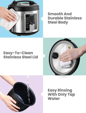 COMFEE' steaming tray demonstrates steam functionality for vegetables and seafood