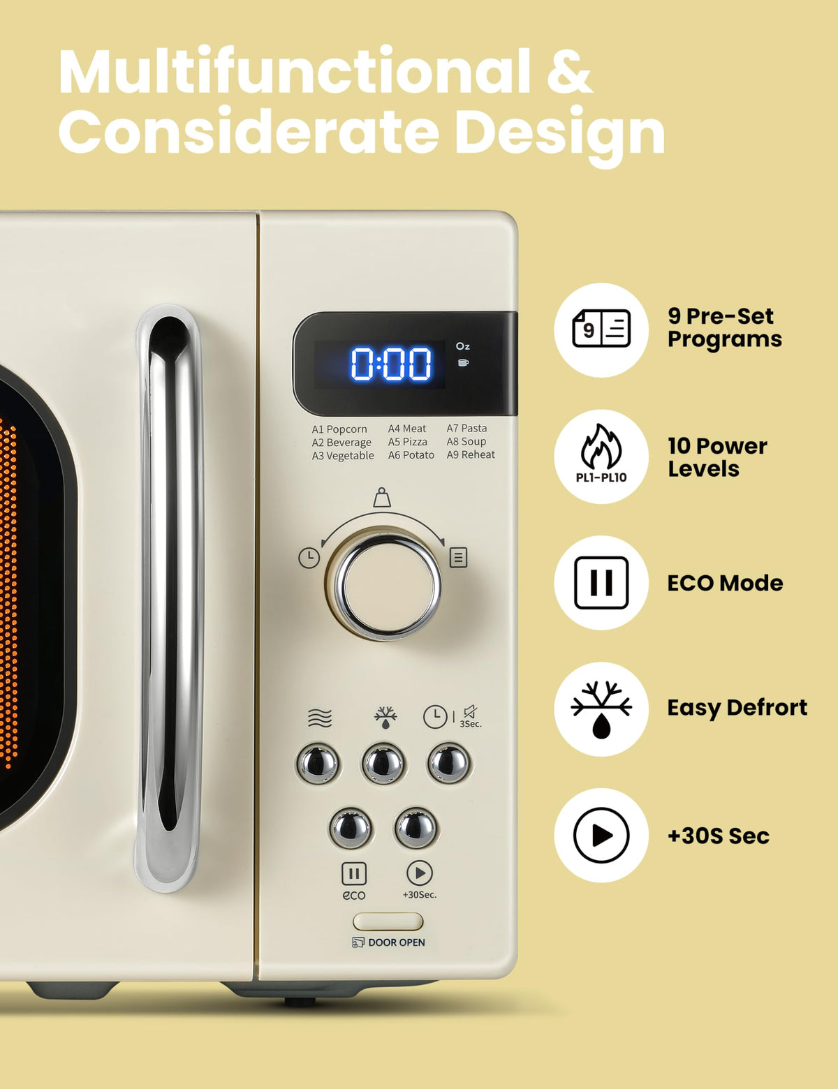 COMFEE' retro microwave cream control panel close-up with 9 preset menus.