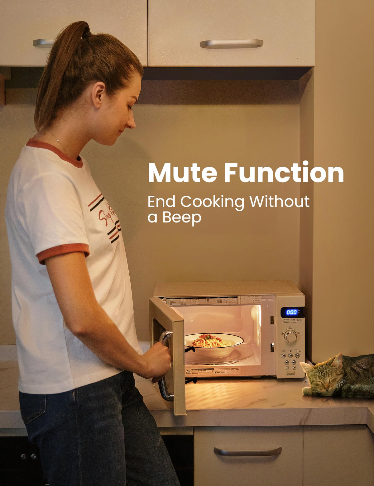 COMFEE' cream microwave on countertop illustrating space-saving layout for apartments.
