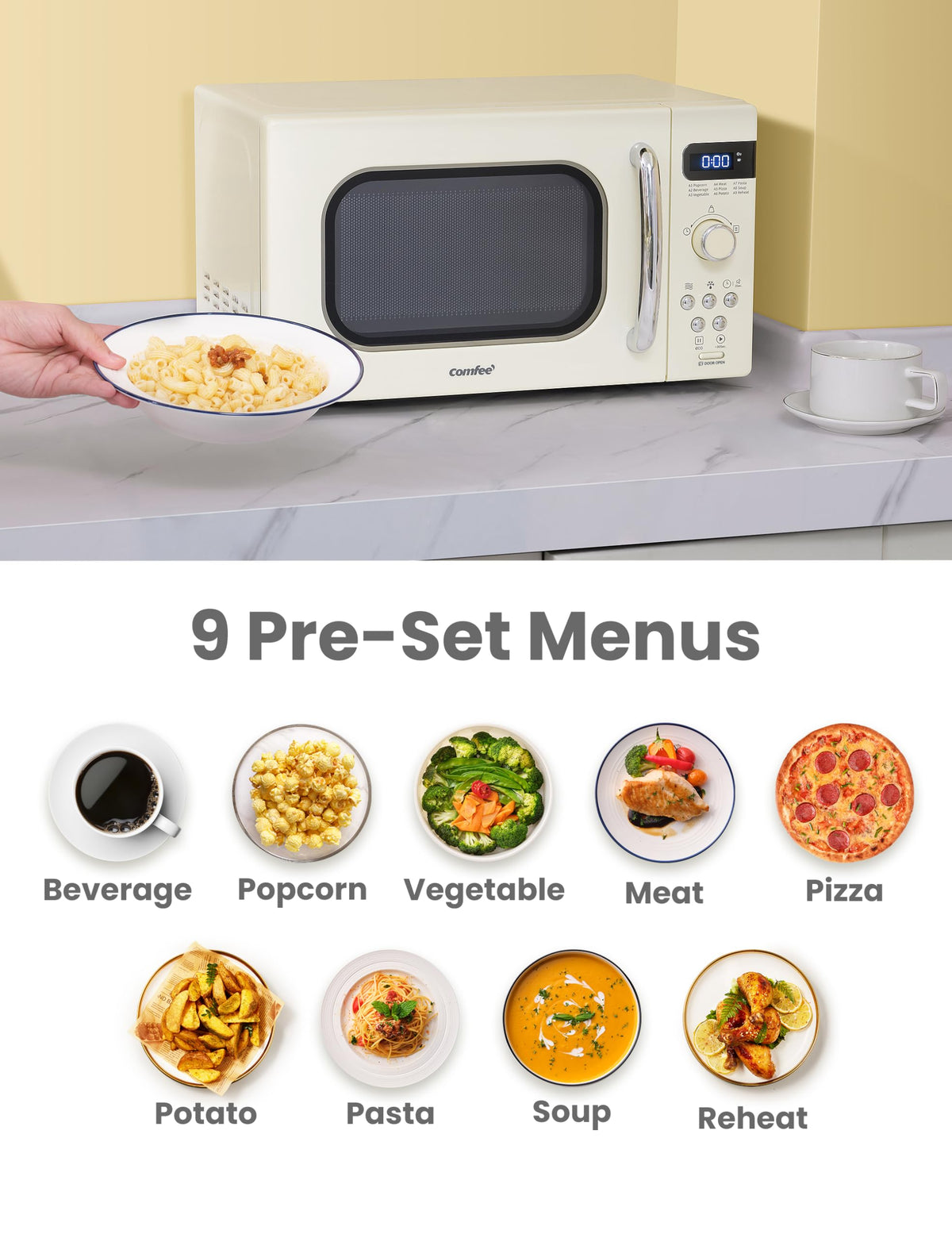 COMFEE' retro microwave cream digital display showing timing and power options.