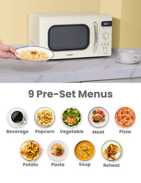 COMFEE' retro microwave cream digital display showing timing and power options.