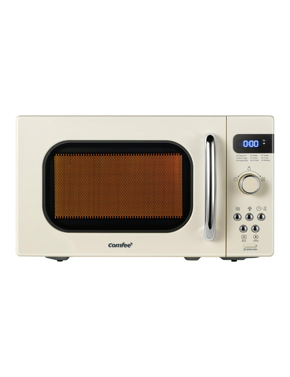 COMFEE' retro microwave cream front view showing compact design for small kitchens.