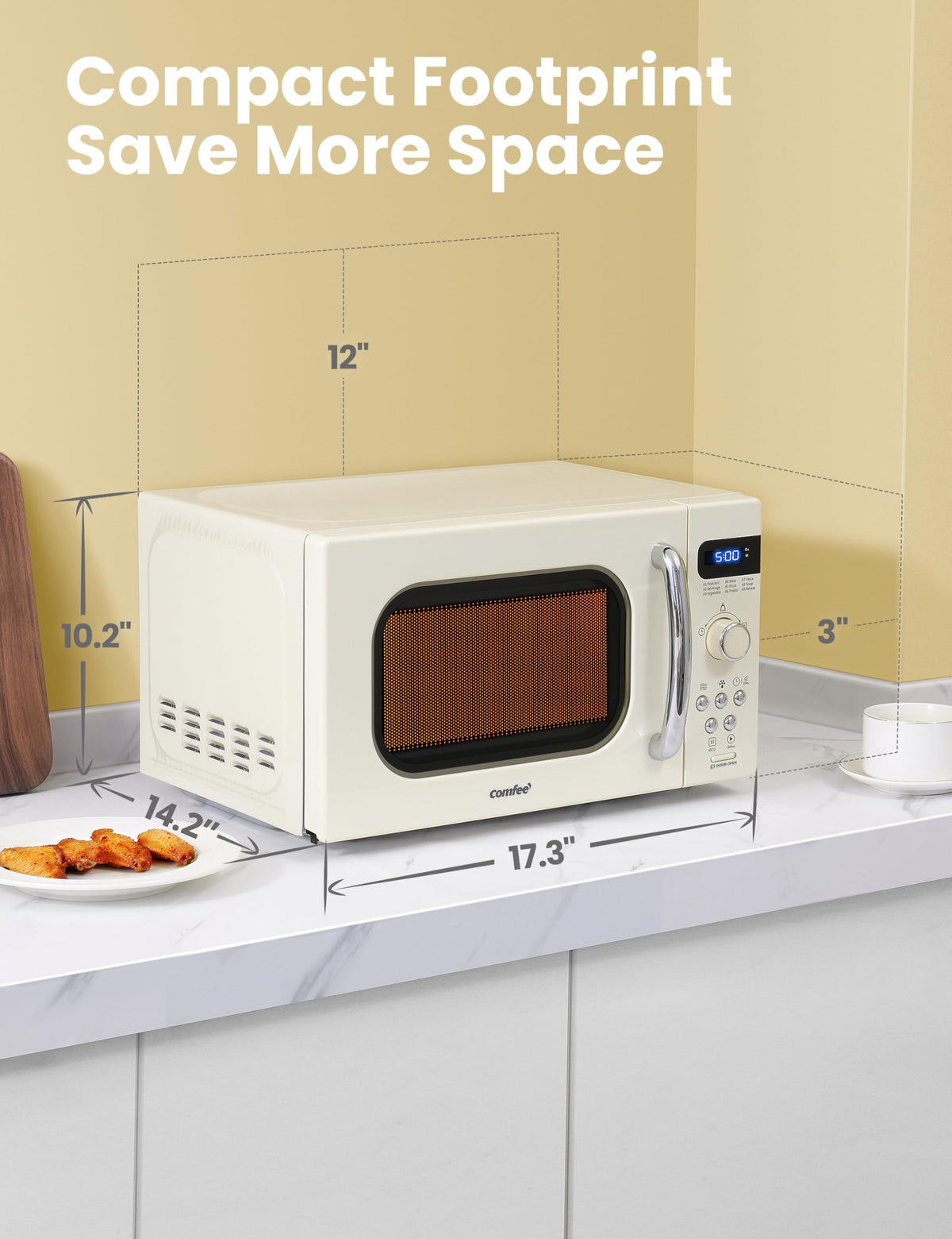 COMFEE' cream microwave front with preset buttons for quick meals.