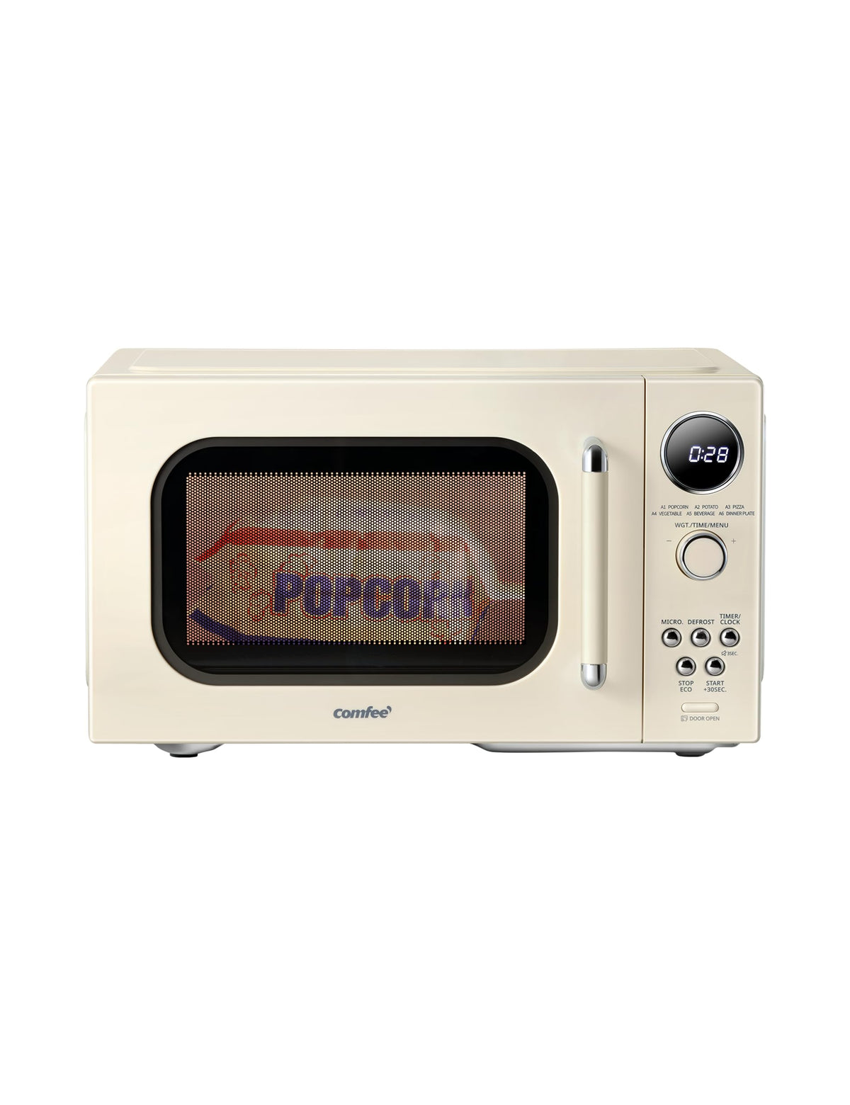 COMFEE' retro microwave front view, compact design ideal for small kitchens.