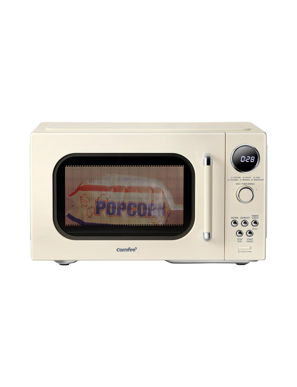 COMFEE' retro microwave front view, compact design ideal for small kitchens.