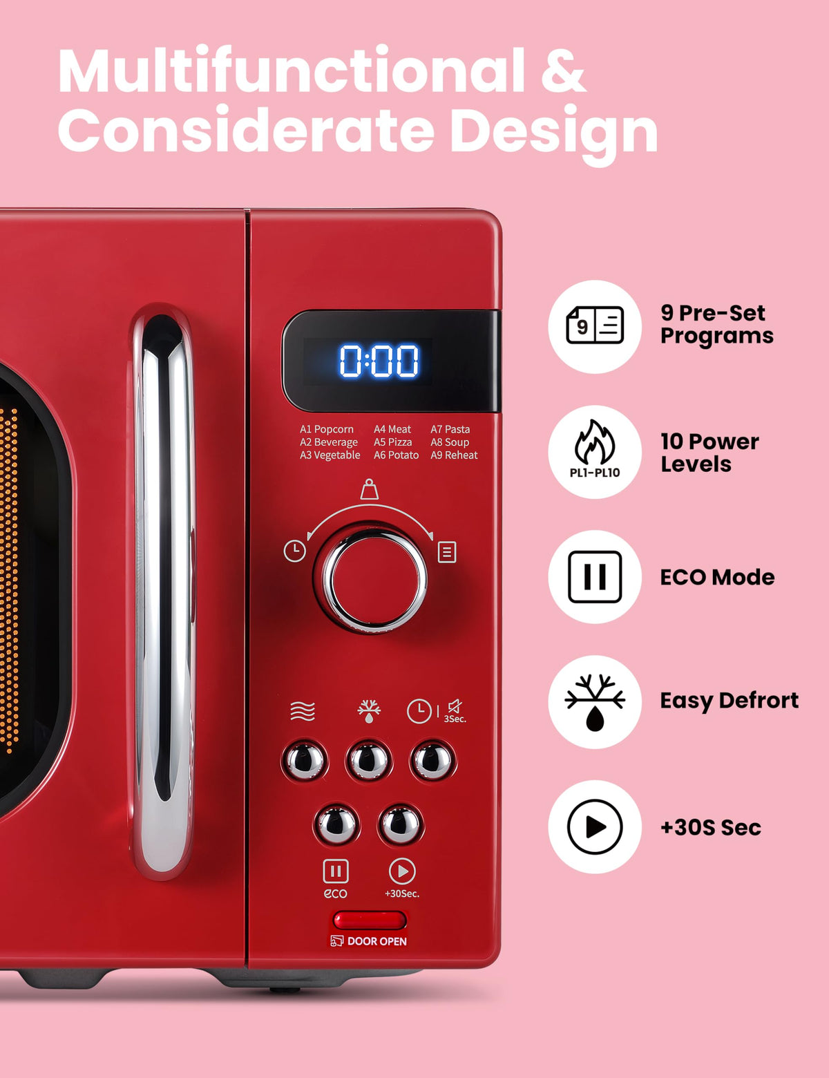 COMFEE' retro small microwave control panel with simple presets for quick meals