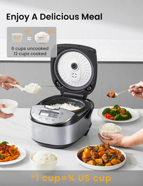COMFEE' rice cooker yields twelve-cup cooked portions for gatherings.