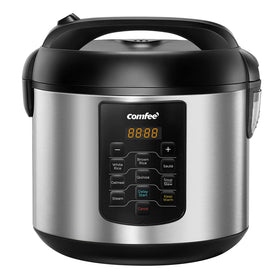 COMFEE' rice cooker front view shows a sleek stainless steel body with large capacity for family meals.