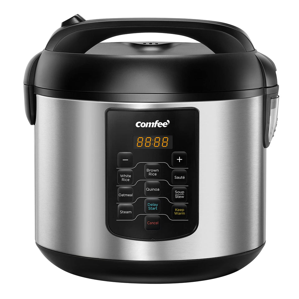 COMFEE' rice cooker front view shows a sleek stainless steel body with large capacity for family meals.