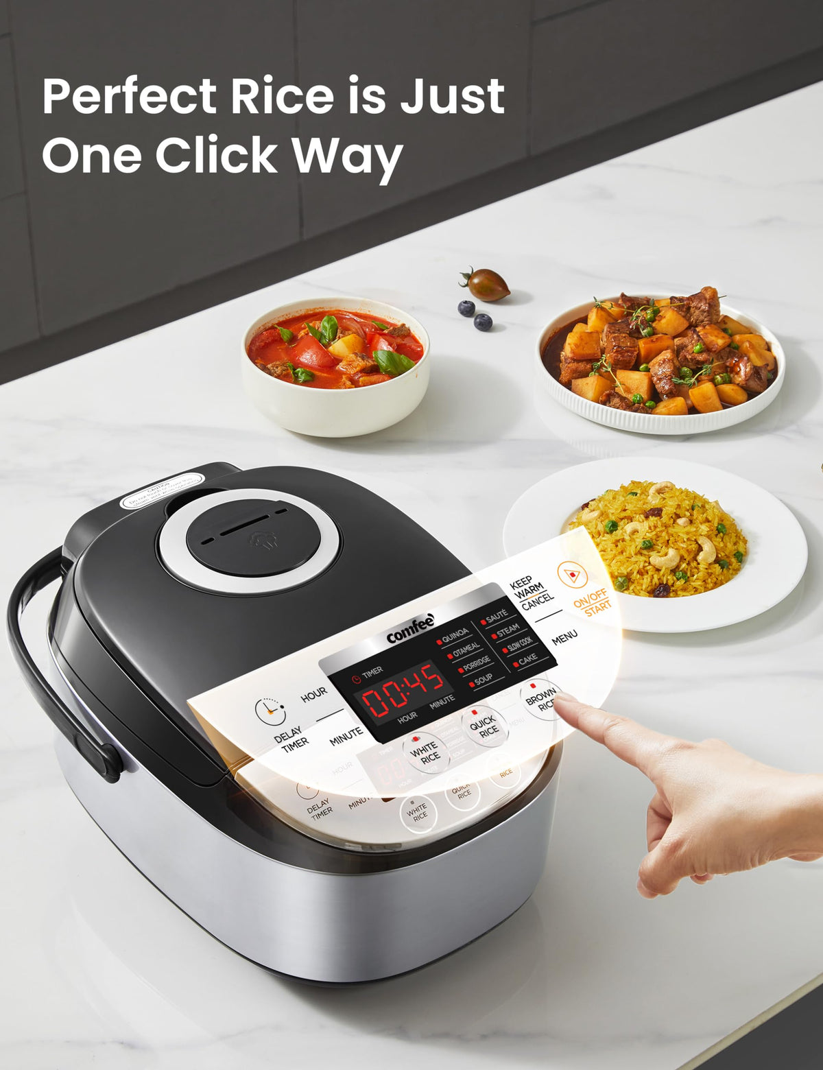 COMFEE' rice cooker uses fuzzy logic for consistent results.
