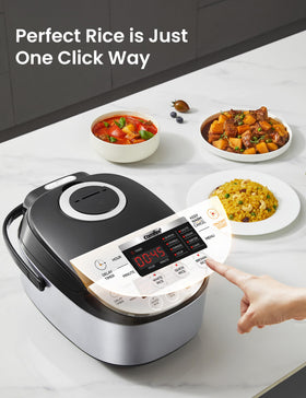 COMFEE' rice cooker uses fuzzy logic for consistent results.