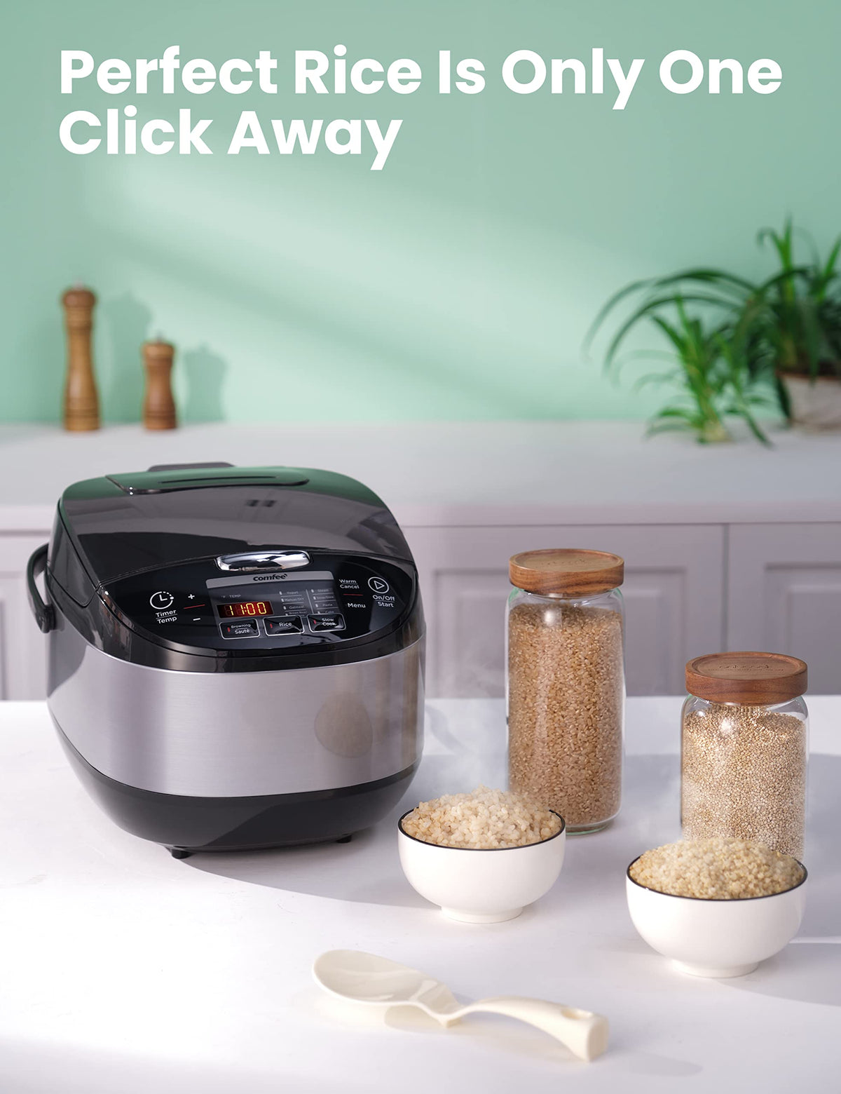 COMFEE' rice cooker LCD display shows presets and progress at a glance