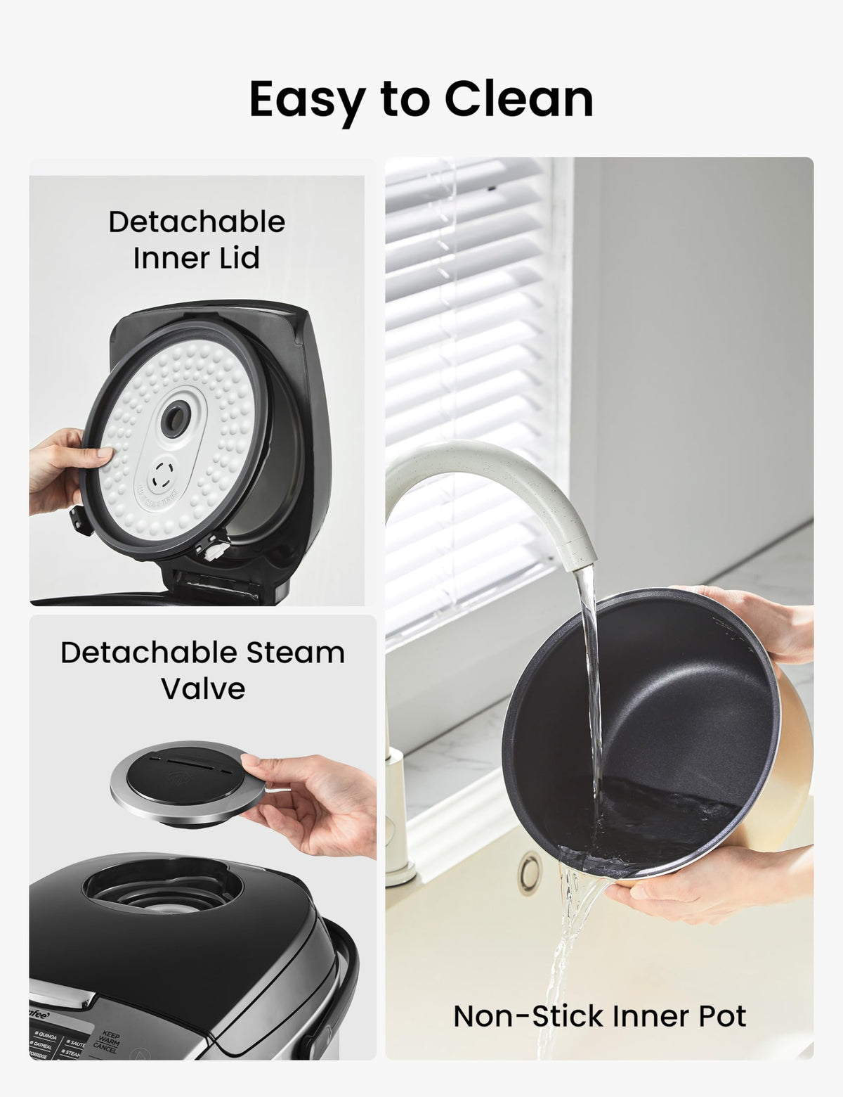 COMFEE' rice cooker features a non-stick inner pot for easy cleaning.
