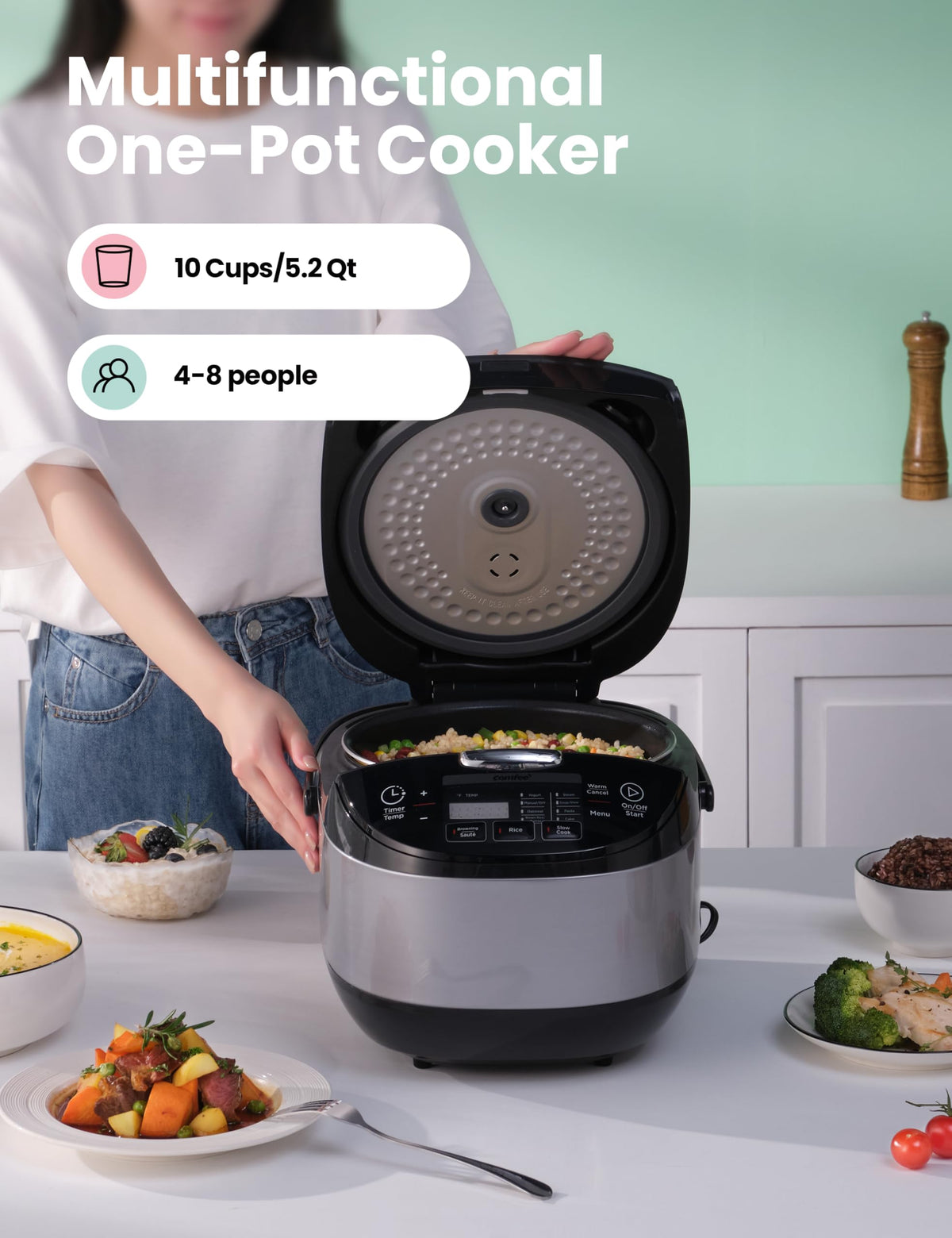 COMFEE' rice cooker top panel with easy controls for busy nights