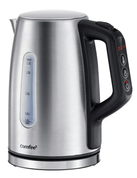 COMFEE' stainless steel kettle front view shows a sleek, fast-boiling kitchen companion