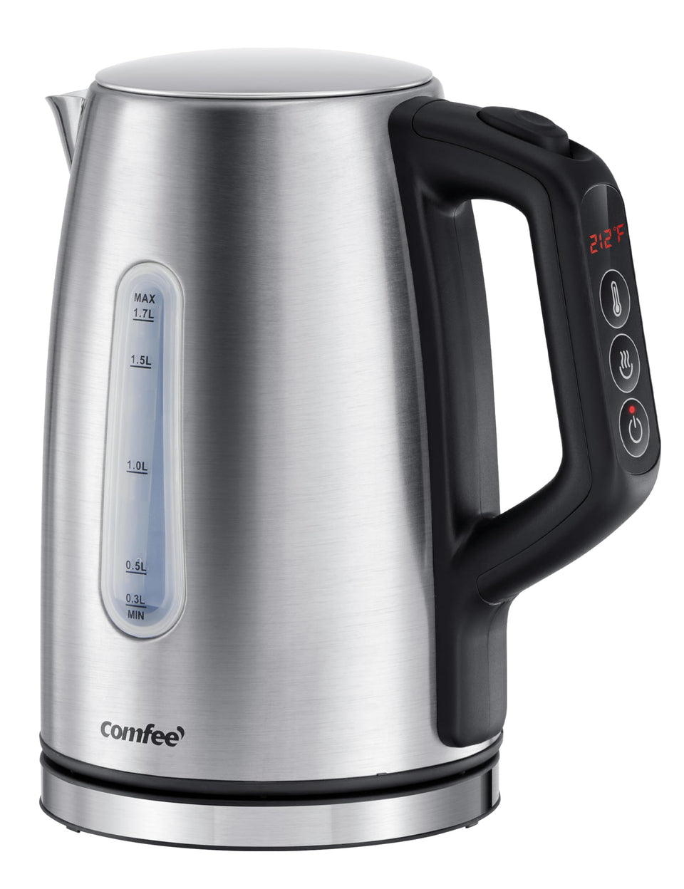COMFEE' stainless steel kettle front view shows a sleek, fast-boiling kitchen companion