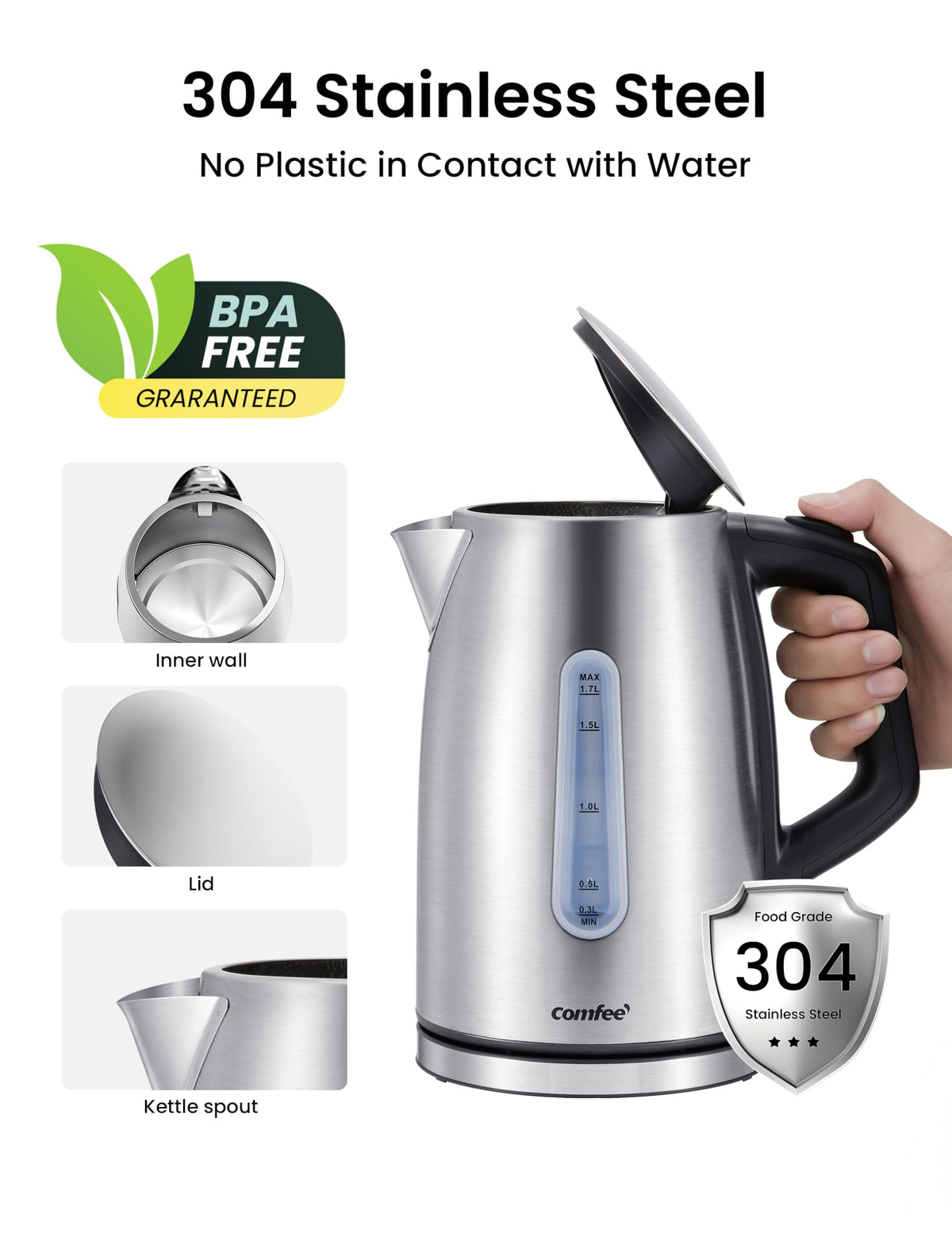 COMFEE' stainless steel kettle temperature controls offer precise presets