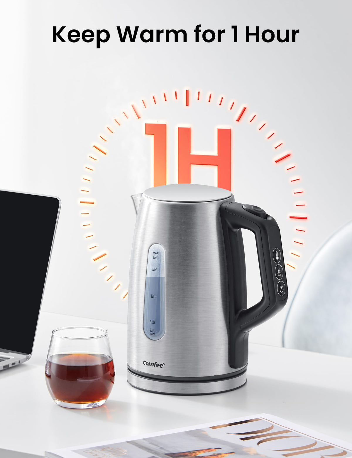 COMFEE' stainless steel kettle water window enables easy visibility for filling
