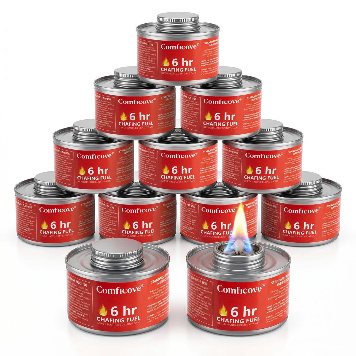 COMFICOVE 6Hour chafing fuel can label closeup showing easy-to-read heat indication