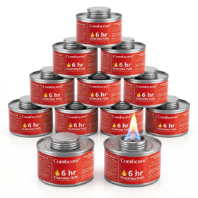 COMFICOVE 6Hour chafing fuel can label closeup showing easy-to-read heat indication