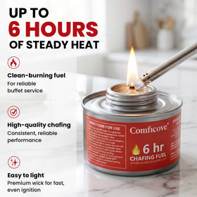 COMFICOVE 6Hour can lit and ready for continuous warming during buffets