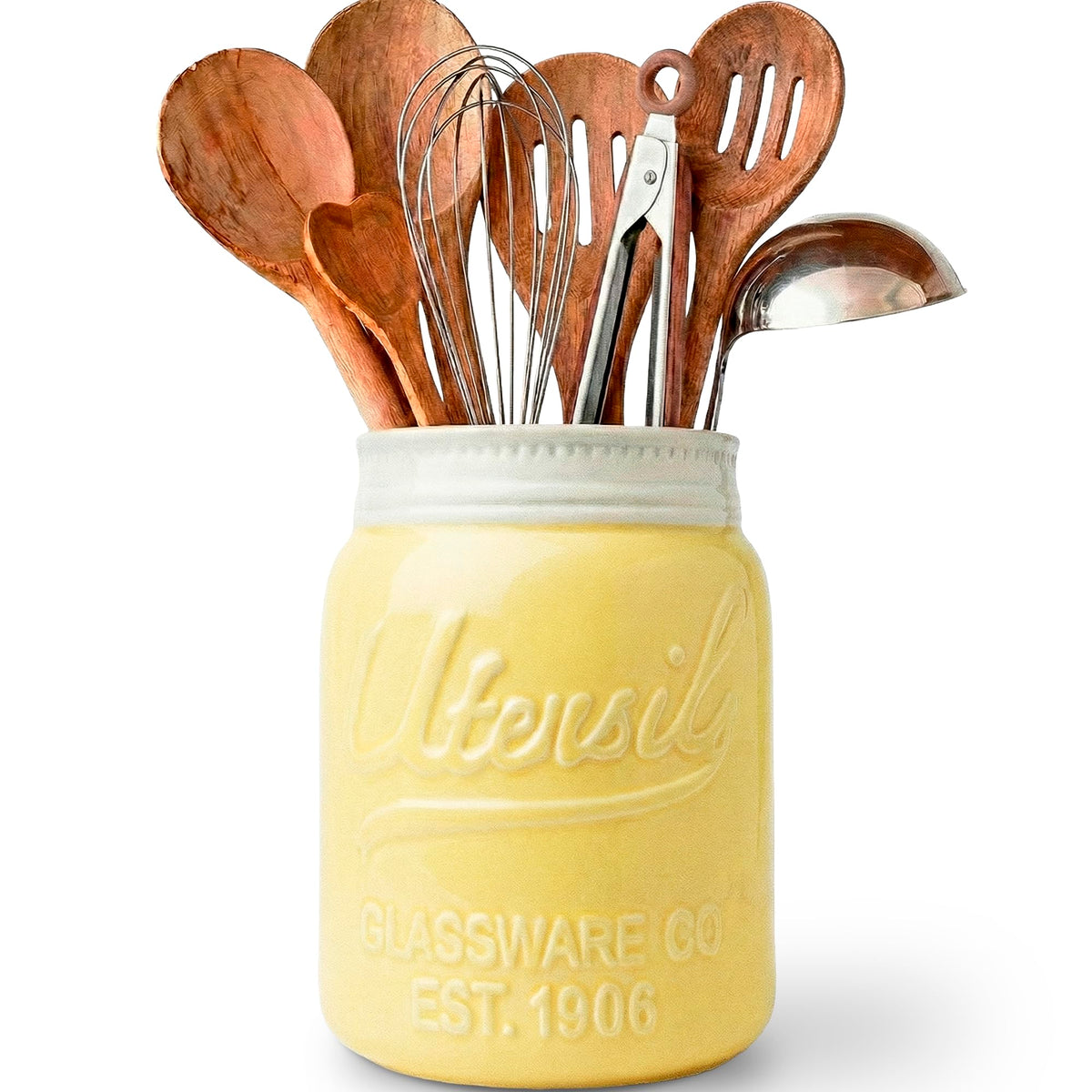 Comfify wide-mouth mason jar utensil holder on counter keeps utensils neatly organized.