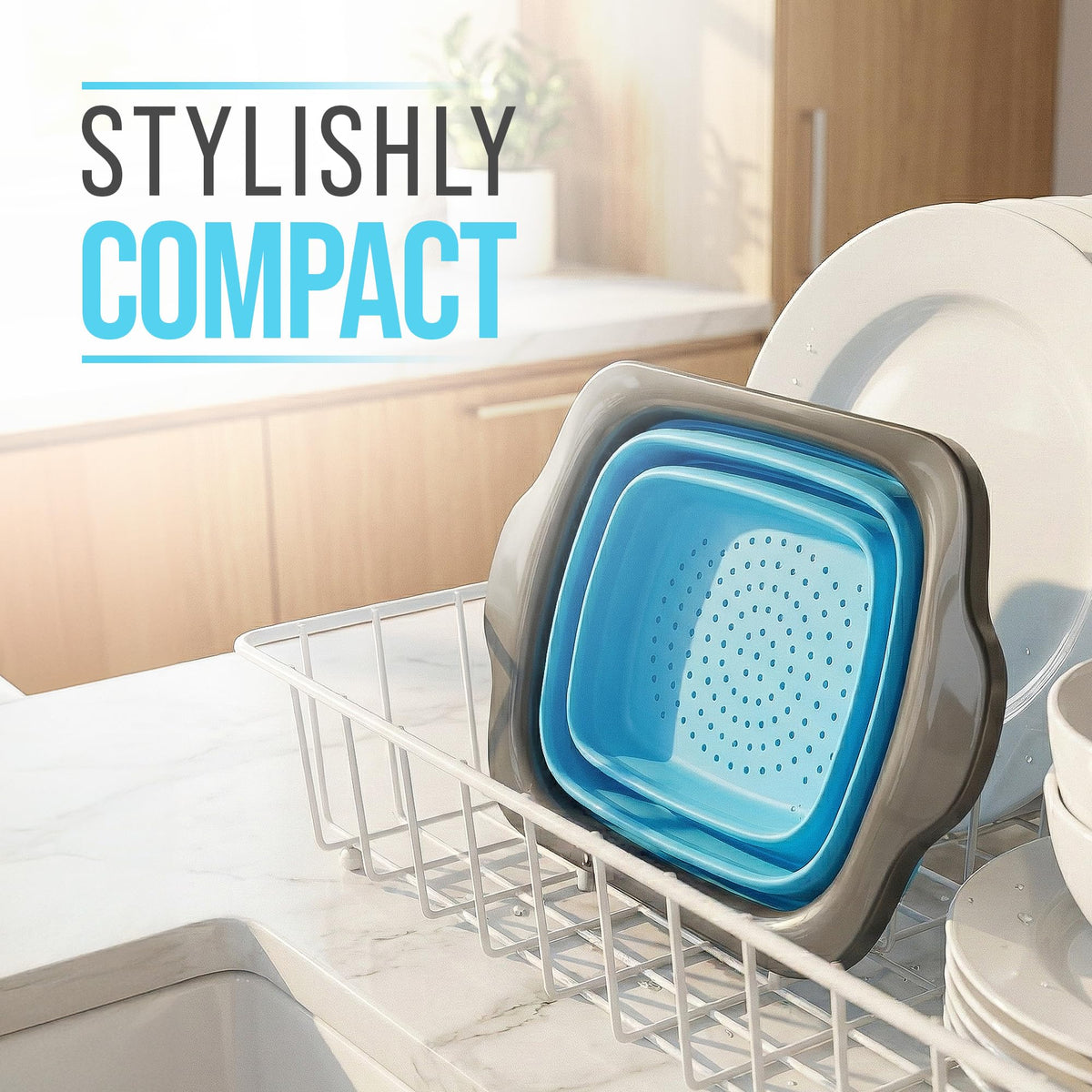 Comfify XL over-sink strainer enables convenient draining directly into the sink.