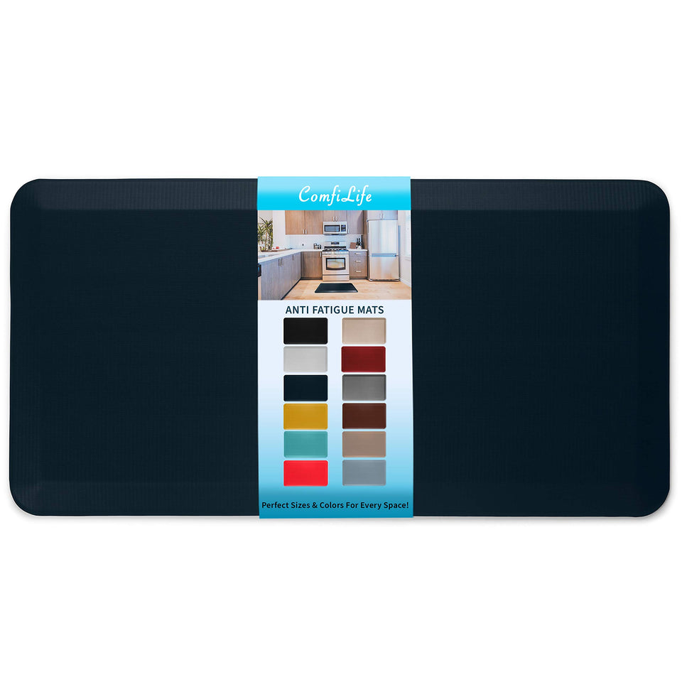 ComfiLife anti-fatigue floor mat in navy provides comfortable footing for kitchen and desk use.