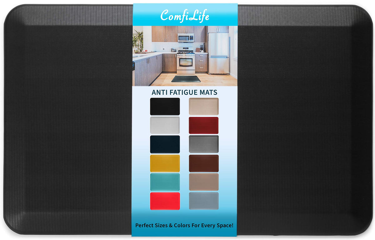 ComfiLife anti-fatigue floor mat in black, three-quarter inch thick, ideal for standing tasks.