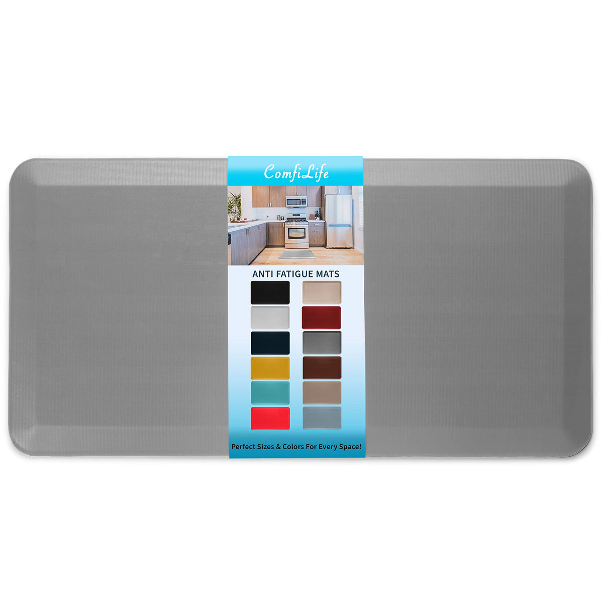 ComfiLife anti-fatigue mat with 20x39 gray foam-core for kitchen comfort.
