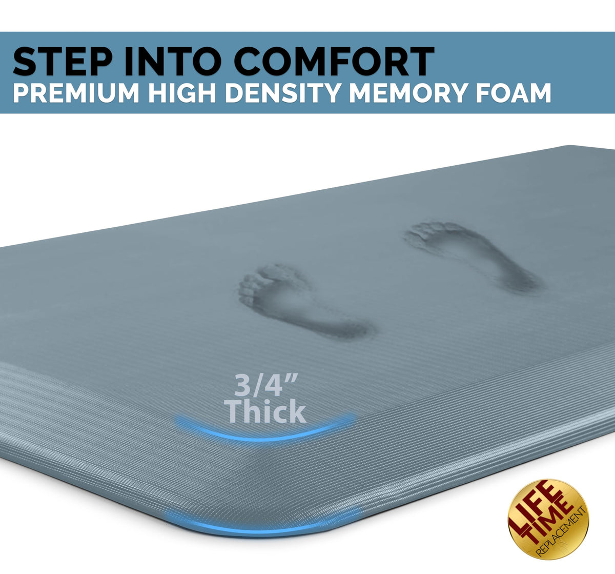 ComfiLife denim mat for standing desks reduces foot fatigue during work.