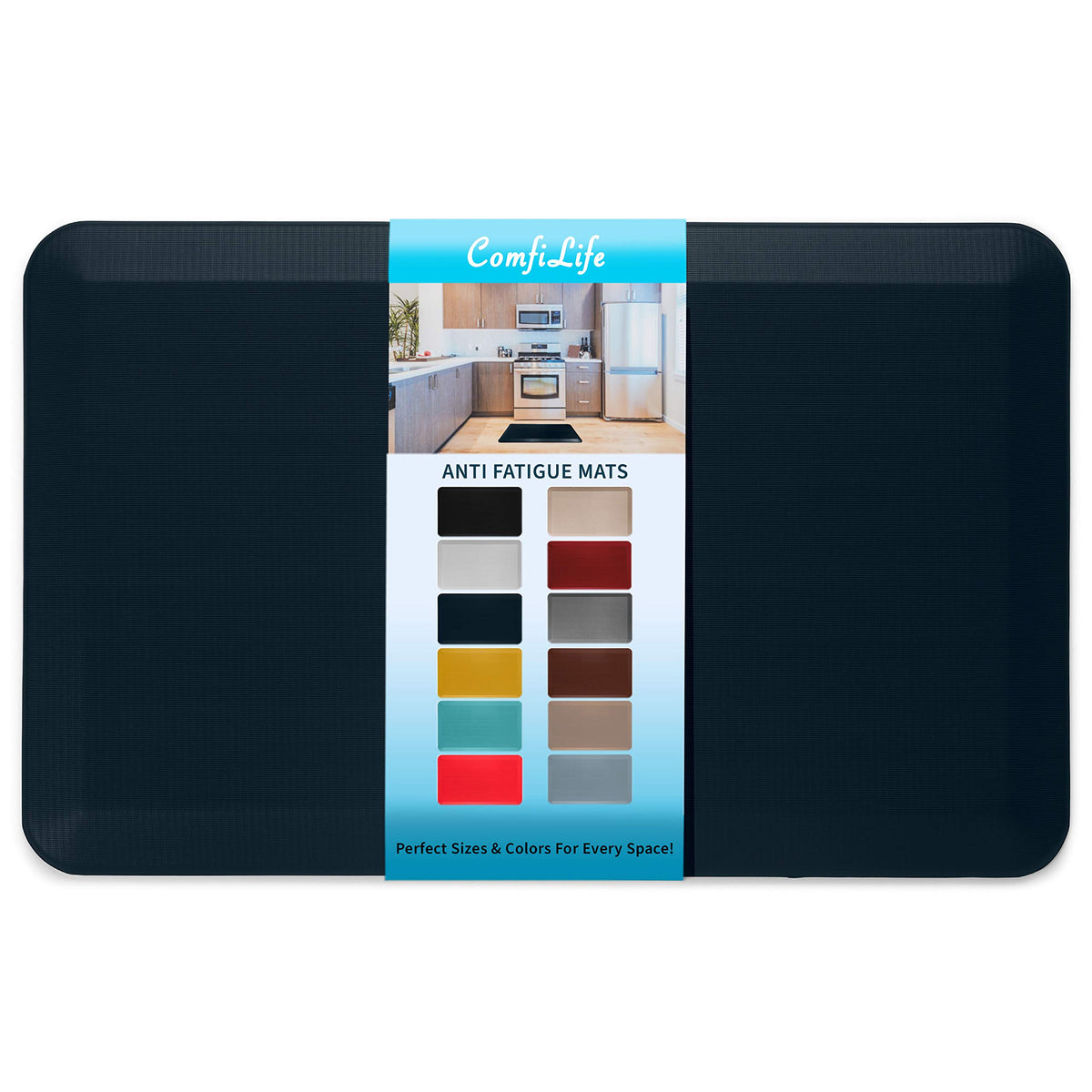 ComfiLife anti-fatigue mat in navy cushions feet during kitchen tasks