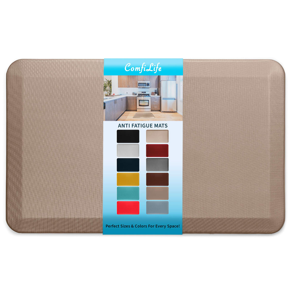 ComfiLife anti fatigue mat rolled on kitchen floor showing compact storage and design