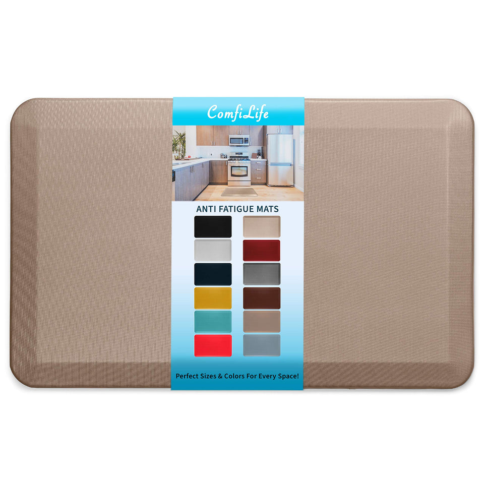 ComfiLife anti fatigue mat rolled on kitchen floor showing compact storage and design