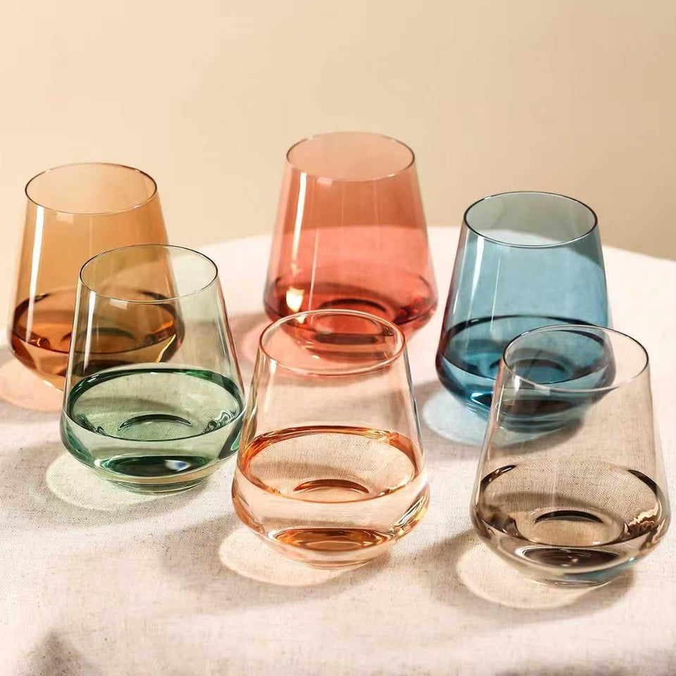 comfit colored stemless wine glasses set on display for party identification