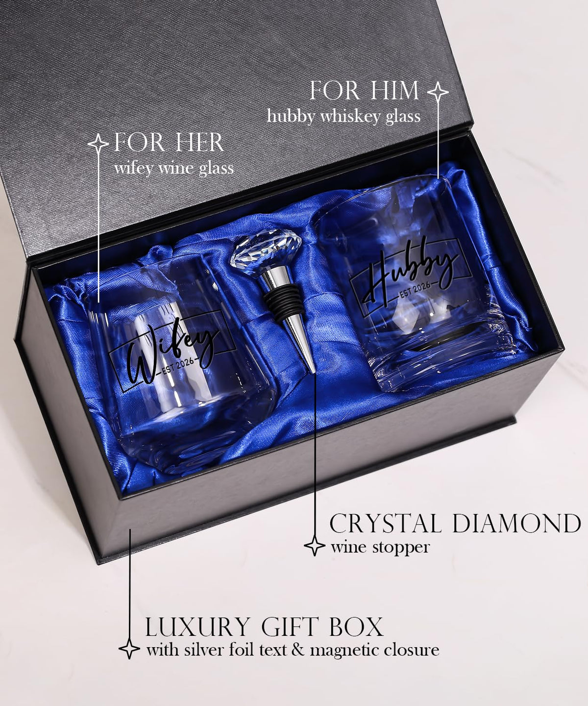Comfit diamond stopper set for wine and whiskey, premium presentation.
