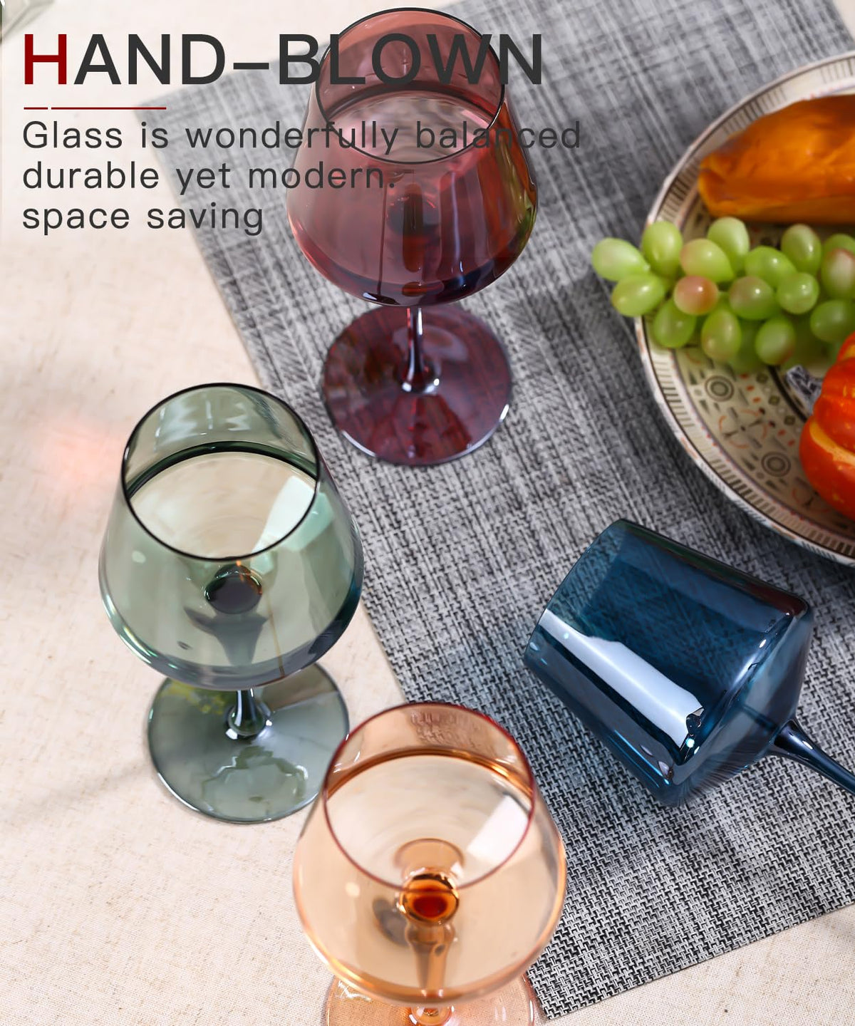 Comfit tan hand-blown glass with square stem offers aroma-focused sipping and elegant tableware