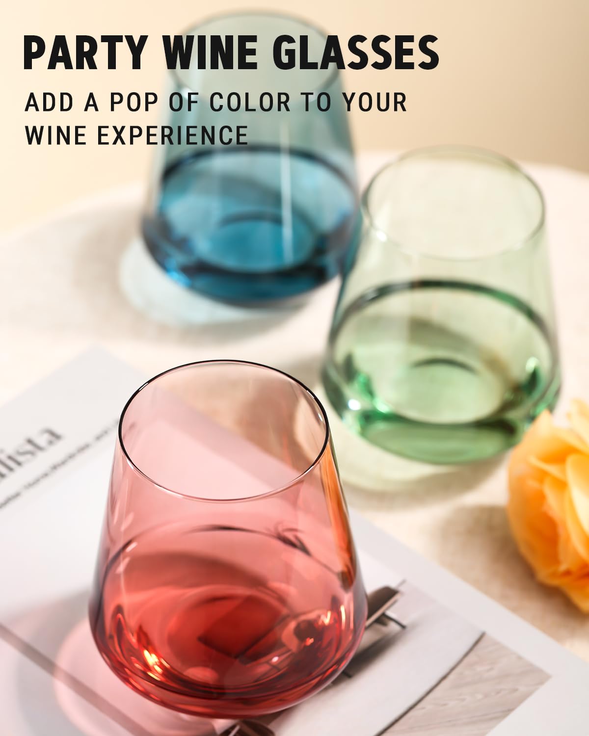 comfit stemless glasses showing handle-free, modern table setting
