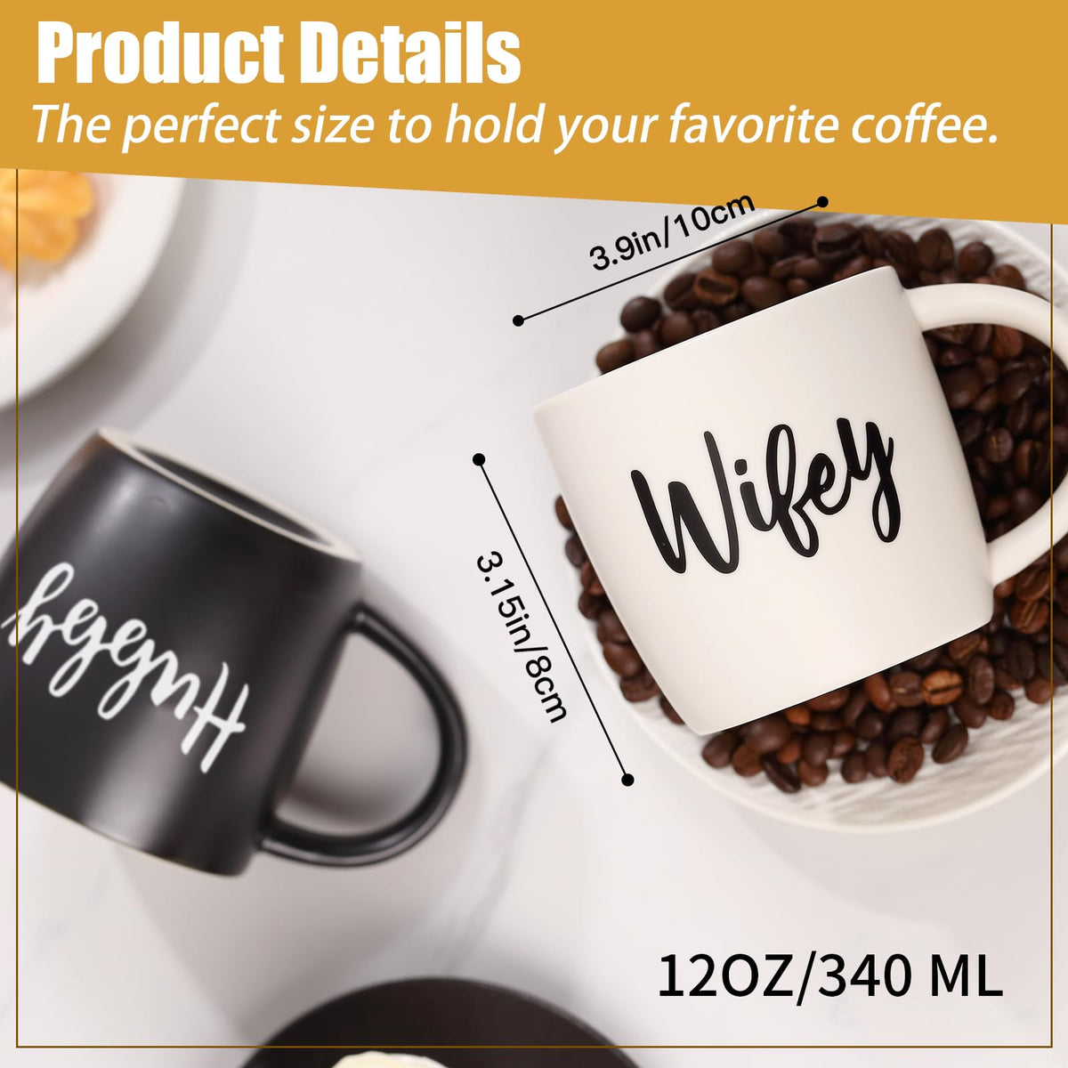 Ergonomic C-type handle close-up on Comfit Wifey Hubby mugs for comfortable grip.
