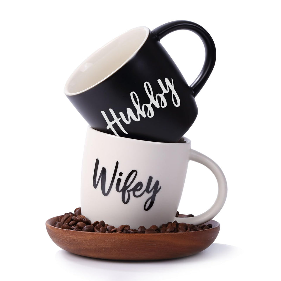 Comfit Wifey & Hubby mugs full set on display for couples' daily coffee.
