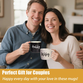 Close-up of hot-stamped Wifey and Hubby letters on Comfit mugs that resist fading.